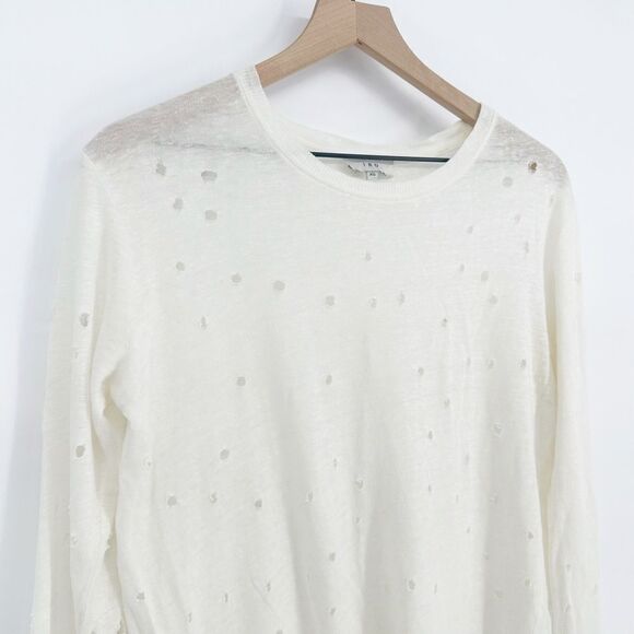 IRO Marvina Linen Long Sleeve Shredded Holes Tee in Ecru Cream Women's XS - Picture 3 of 9